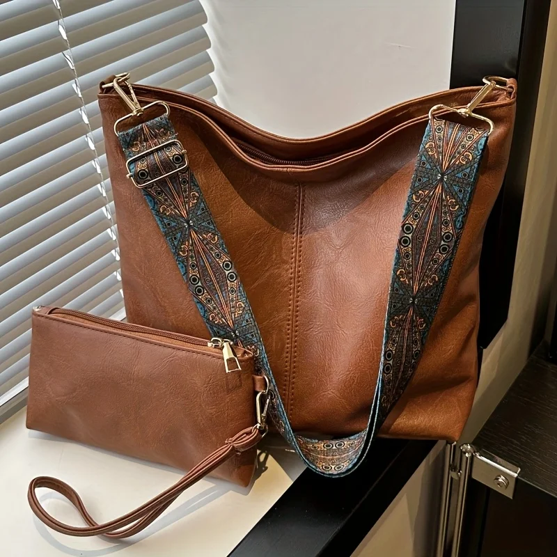 Conjunto de bolsa balde feminina retrô de material PU A09, alça de ombro larga ajustável, grande capacidade, conjunto combinando para atender diariamente