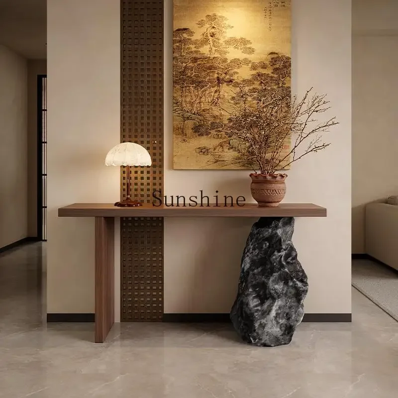 

Wabi Sa в среднестаринном стиле, входной стол из цельного дерева, прихожая, коридор, вилла, стол с имитацией камня, вид на конце