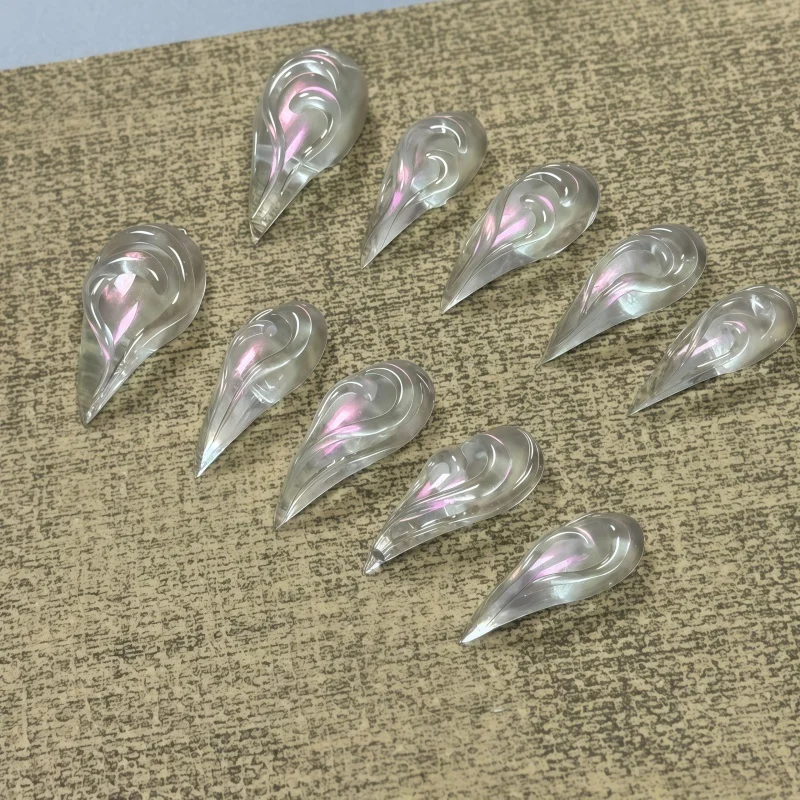 10PCS of transparent gel manicures, pink aurora rainbow-colored mermaid vortex abstract line glossy long-pointed fake nails.