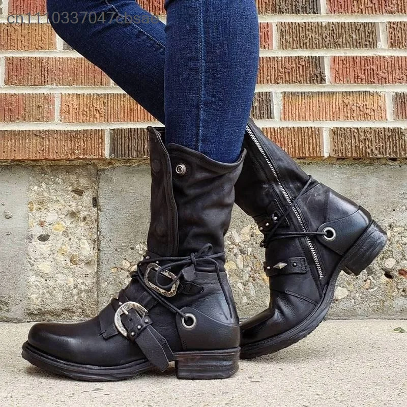 Trendy Ladies Punk Style Mid Calf Biker Boots Multi Vintage Metal Buckle Decor Shoes Side Zip Closure Low Block Heel Soft Boot