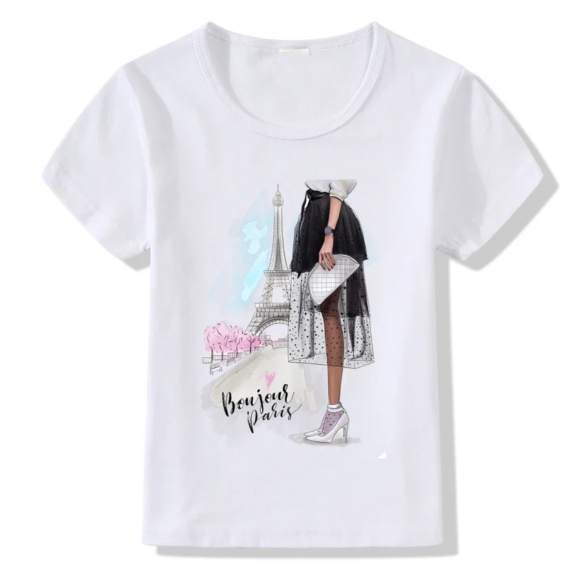 Camiseta infantil com estampa torre de Paris, tops de manga curta, roupas infantis com decote em o, roupas de bebê, moda garota legal, 2024