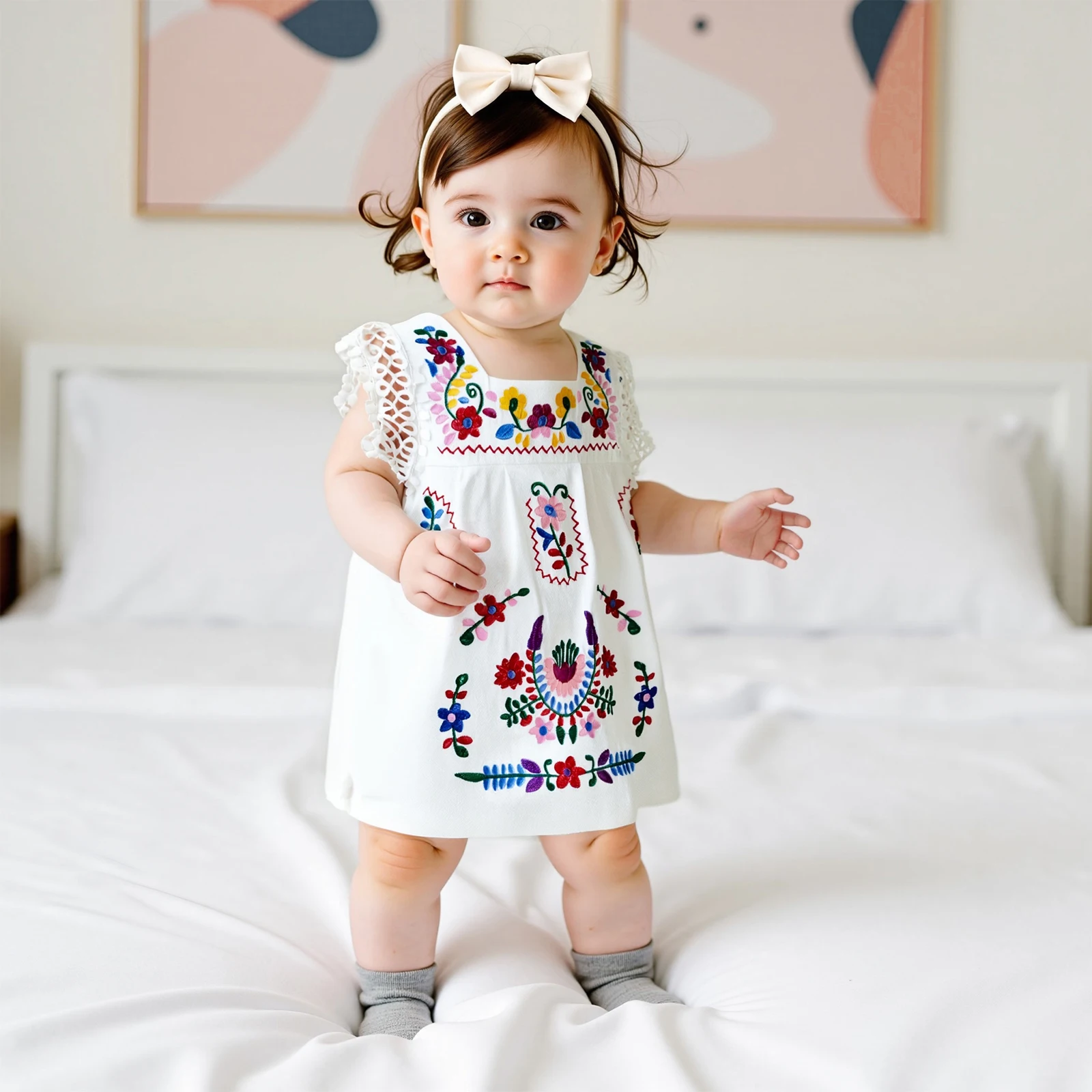

Toddler Girls Clothes Summer Dress Casual Floral Embroidery Square Neck Dress Baby Girls Princess Beach Party Dress