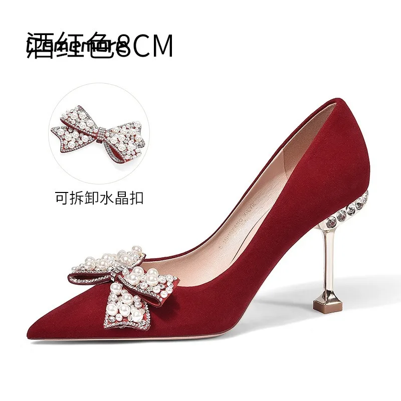 Comemore Women 2023 Spring Red Metal High Heels Wedding Elegant Shoes Woman Sexy Pointed Toe Pumps Ladies Sweet Bow Pearl Pumps