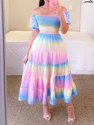 Summer Dresses for Women Off Shoulder Midi Dress 2026 Trends Short Sleeve Flower Gradient Birthday Party Dress Flower Robe New