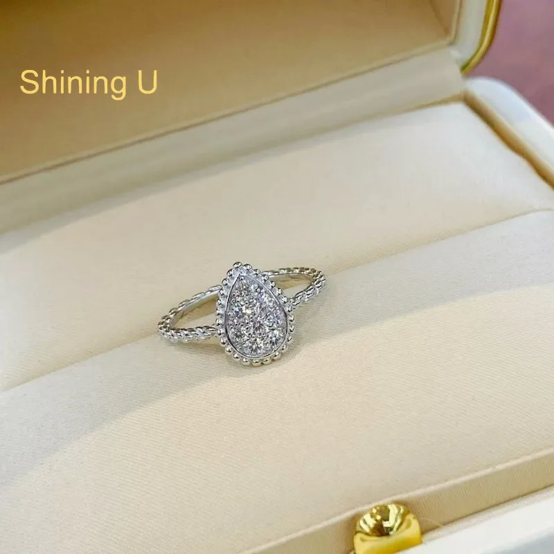 Shining U 925 Sterling Silver Full High Carbon Diamond Gems Pear Ring Fine Jewelry Light Luxury Anniversary