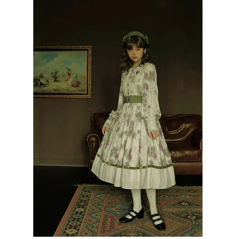 

Весеннее платье-юбка в стиле Лолита, длинное, с принтом, воротник-стойка, в японском стиле, юбка-лолита