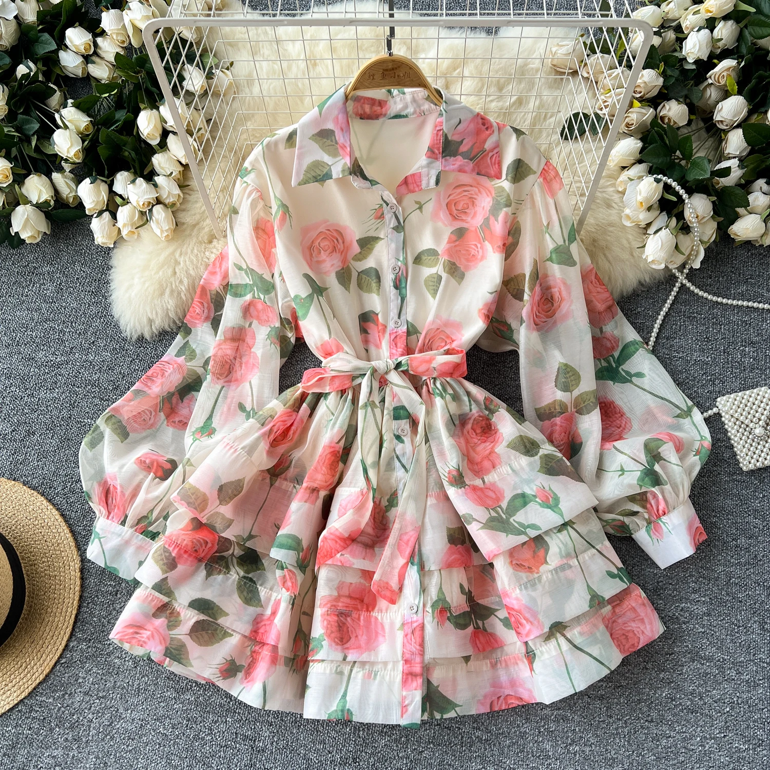 Retro Elegant Polo Neck lace-up Dress Lantern Sleeve ruffle print Casual High Waist Women Summer Clothing A-line dresses