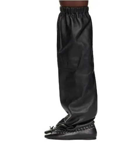 

Black Leather Brown Suede Elastic Calf Round Toe Rivet Height Increasing Flat Over The Knee Boots Women Cross Tied Thigh Boots