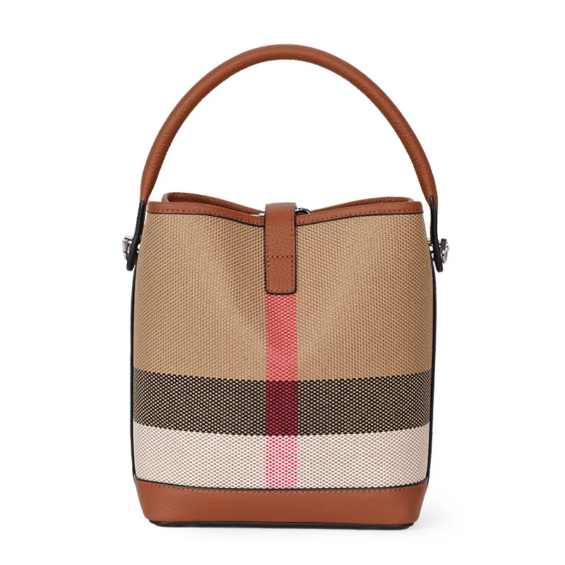 Stylish women's bag canvas with cowhide plaid bucket bag and large capacity shoulder cross-body bag