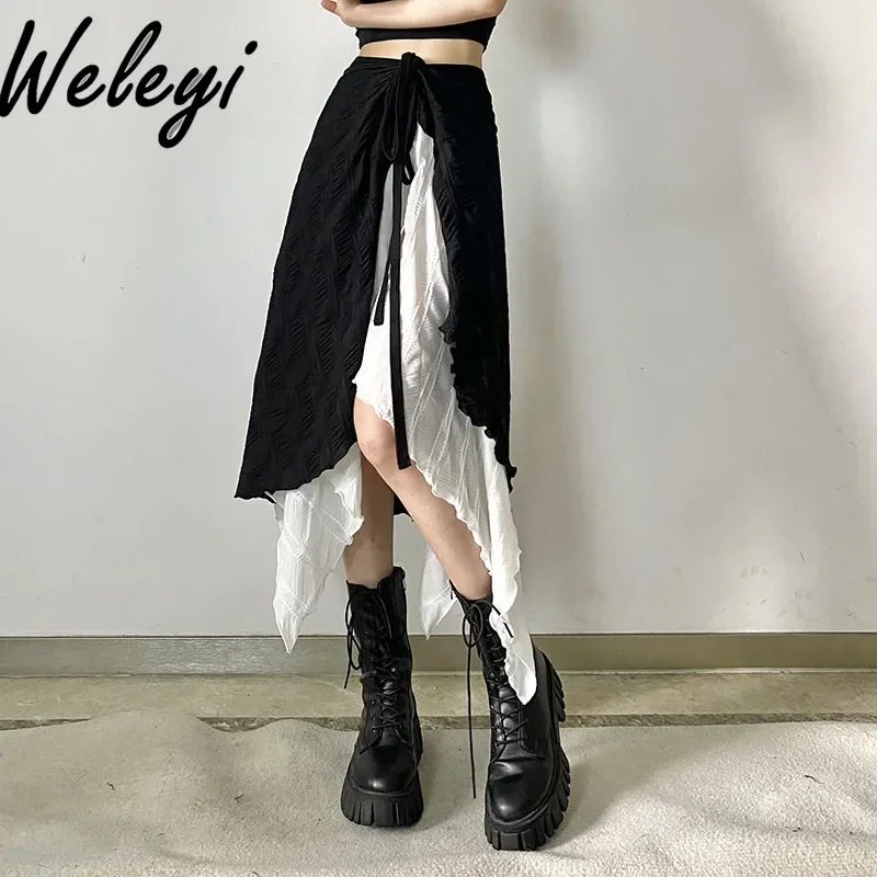 Jirai Kei Kawaii Skirt for Women Summer Clothing 2024 Black and White Contrast Color High Waist Asymmetric Mesh Lace Up Skirts