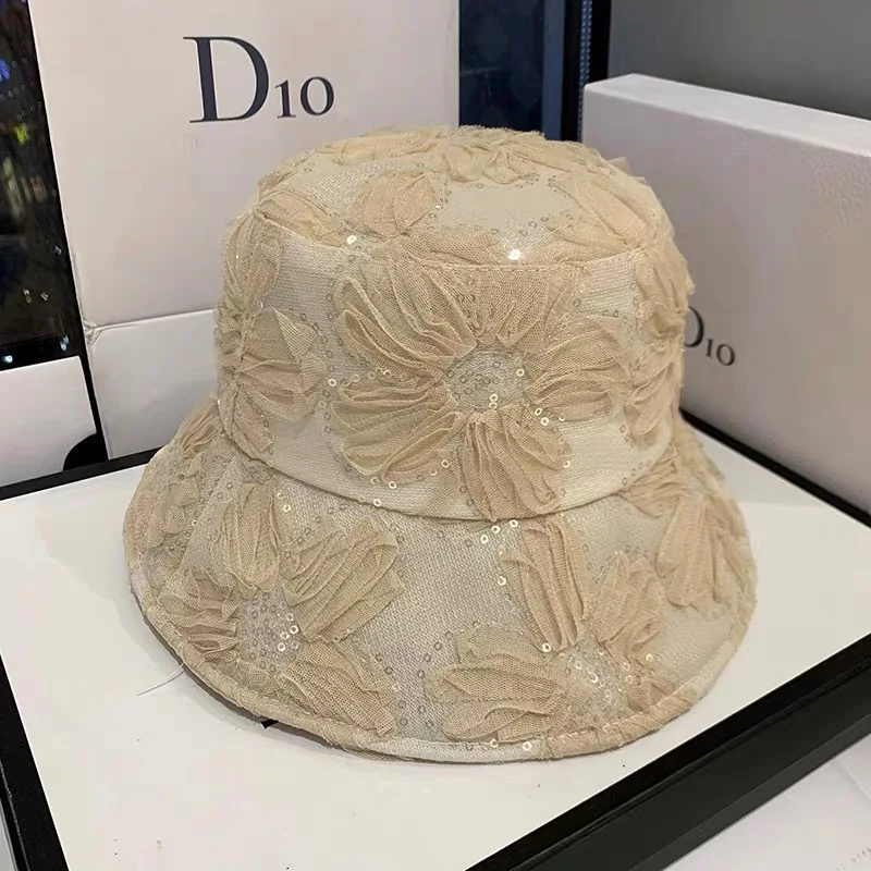 Ladies Temperament Lace Flowers Fisherman Hat Mesh Breathable Sun Hat Outdoor Sunscreen Sun Cap Shopping Leisure Basin Cap