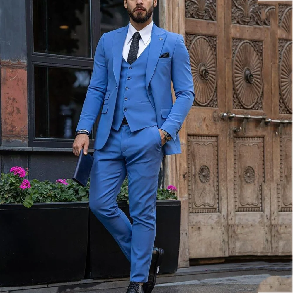 

Classic Solid Men Suit Three Pieces(Jacket+Vest+Pants) Peaked Lapel Slim Fitted Business Casual Formal Occasion Outfit Set