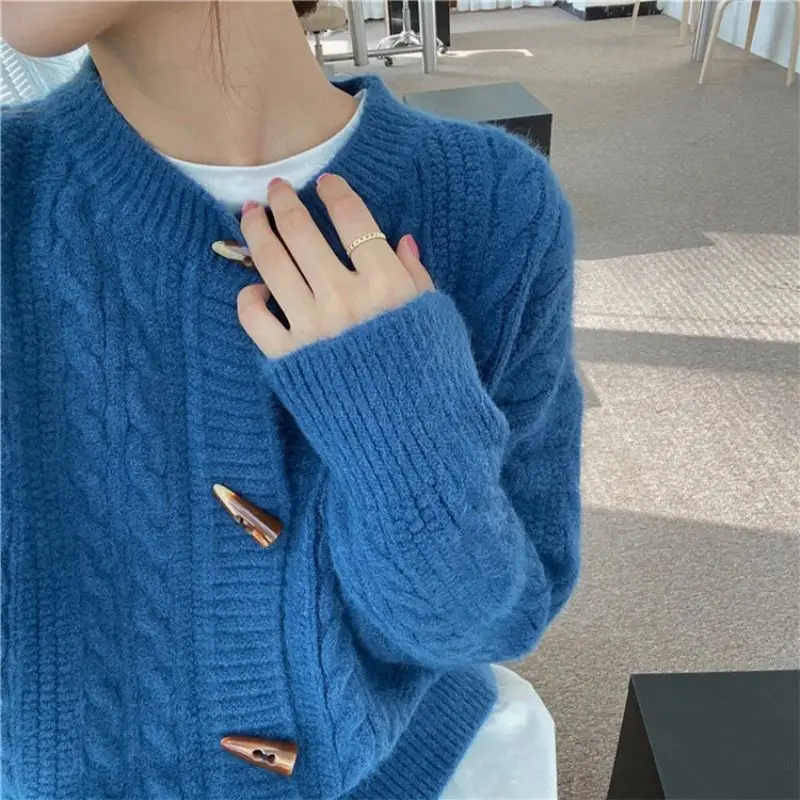 Knitted Top for Women Grey Round O Neck Winter Button Ladies Sweaters Cardigan Y2k Fashion Korea Autumn 2024 Warm Crochet Jumper