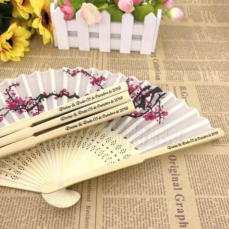 Personalized Cherry Blossom Silk Fan Summer Wedding Decoration Fan Party Giveaways for Guest 100pcs/lot