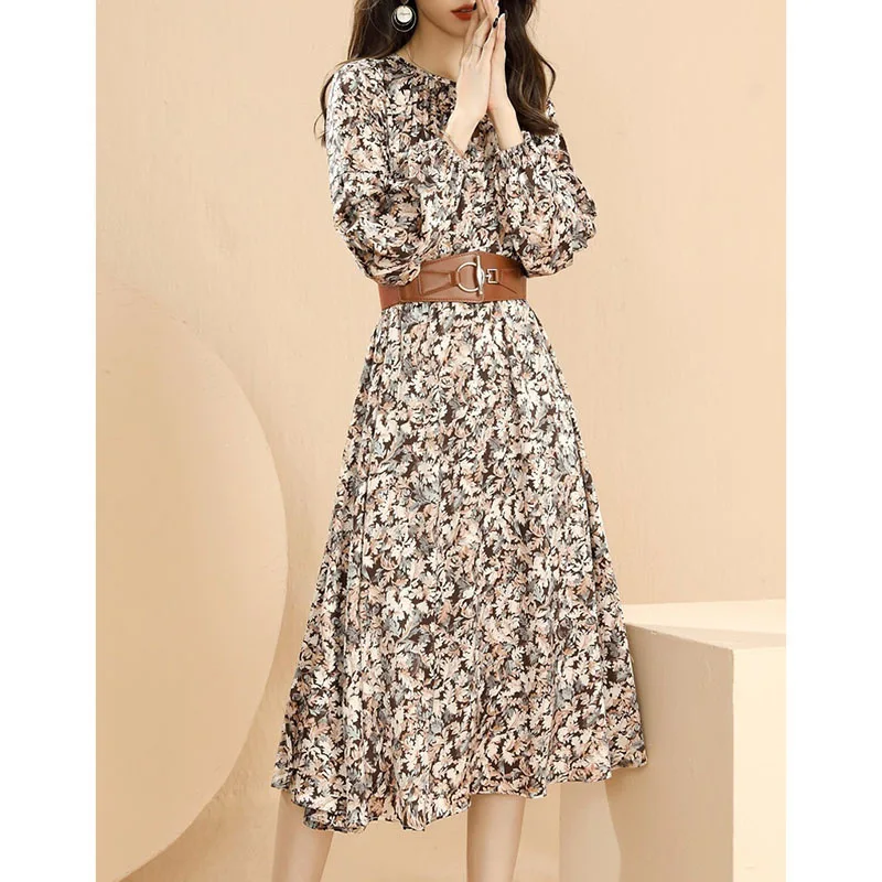 Vintage Fragmented Chiffon Dress Elegant and Slim Style Long Sleeve Comfortable and Breathable Y2K Spring and Autumn New 2024