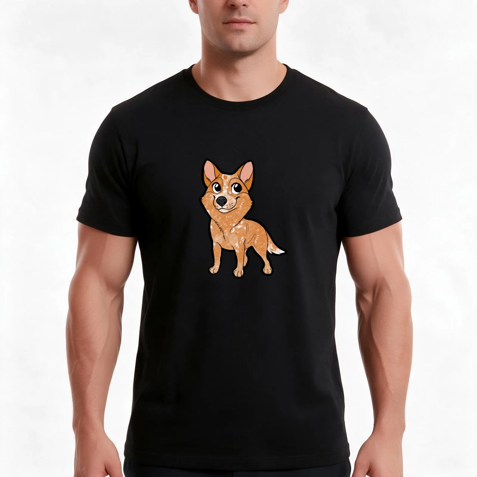 CATTLE DOG (red) - chibi T-Shirt, Summer Casual Cotton Tee, Oversized Streetwear Tops, Vintage Graphic Print, Unisex Men Women