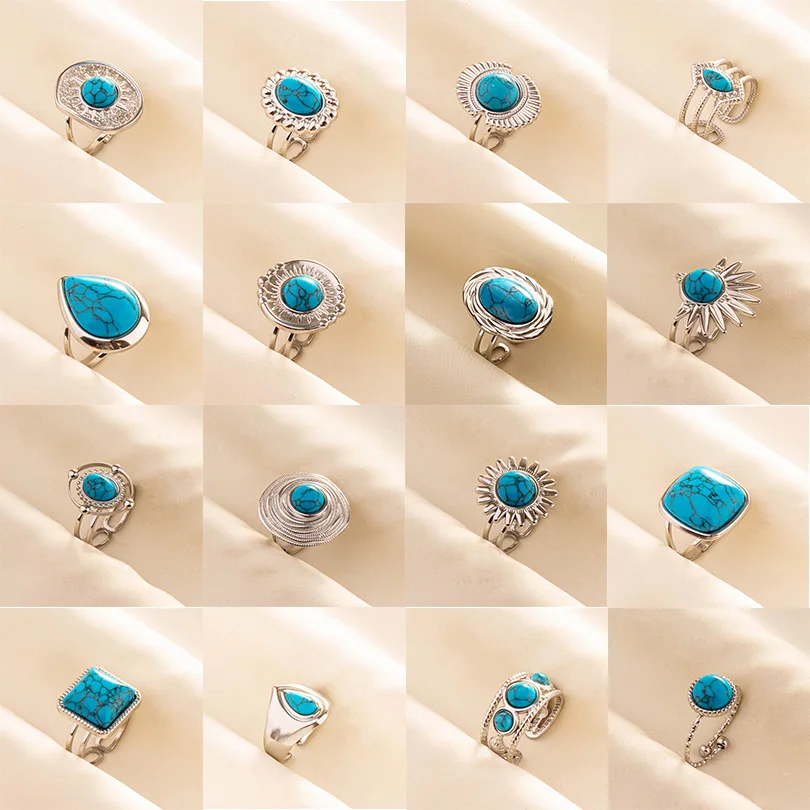 1pc Boho Turquoise Rings Hippie Stainless Steel Blue Gemstone Silver Color Adjustable Ring Women Chunky Rings Bohemian Jewelry