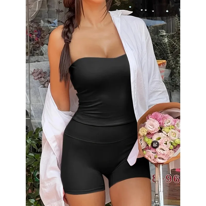 

Women's Solid Color Sleeveless Backless Sexy Strapless Shorts Suit, Short Backless Sleeveless Top and High Waist Tight Shorts
