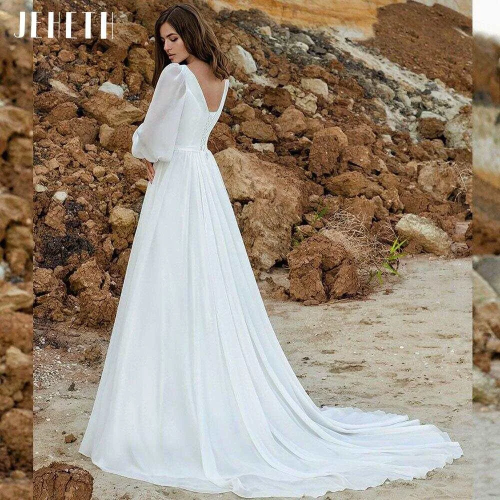 White Pleat Chiffon Boho Wedding Dress A Line Bride Gowns 2024 Backless Puff Long Sleeves Beach vestidos de novia in Stock