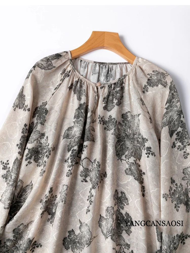 Damska odzież z nadrukiem atramentowym, 19MM, 100% naturalny jedwab morwowy, żakardowa satyna HuaLuo, okrągły dekolt, rękawy typu latarnia, luźna koszulka z długim rękawem.