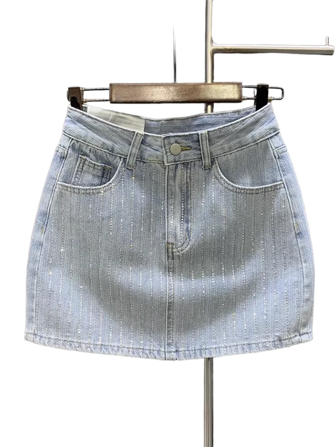 Light Blue High Waist iny Diamond Design Heavy Embellied Denim  Skirt Women's Summer Faion A-Line ort Skirt