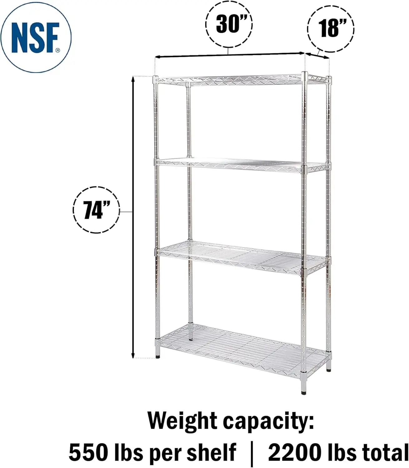 

18" Deep x 30" Wide x 74" High 4 Tier Chrome Wire Shelving Kit | NSF Commercial Storage Rack Unit