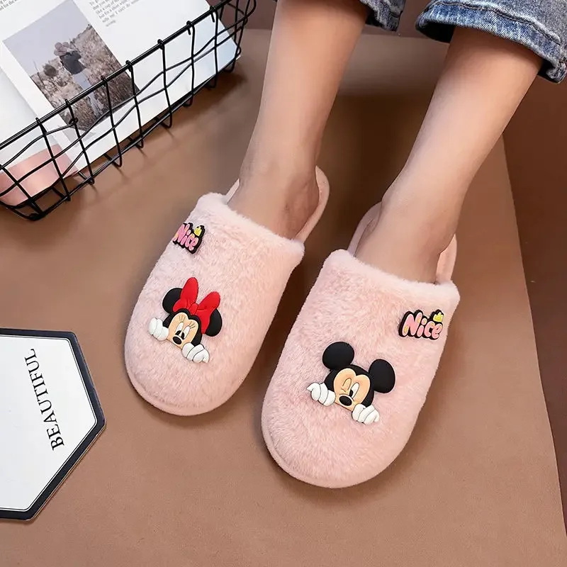 Disney Mickey Minnie Home Slippers Couple Winter Fluffy Furry Women Shoes Cute Cartoon Men Plush Slides Non-slip Floor Slipper