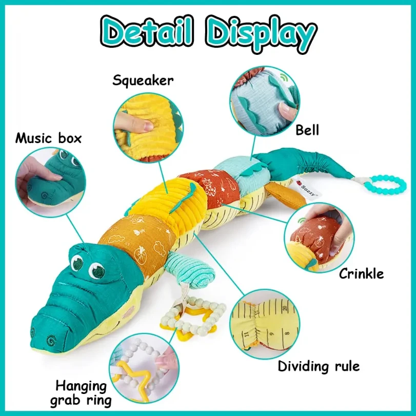 เด็กทารกดนตรีตุ๊กตาสัตว์จระเข้กิจกรรมของเล่น Multi-Sensory Crinkle Rattle และพื้นผิวน่ารัก Tummy Time ของเล่น