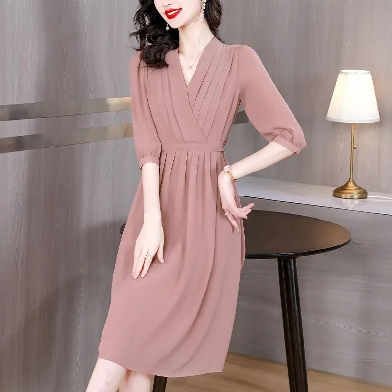 

Soft Mist Pink Waist Slimming Fashionable Dress 2025 New Autumn V-neck Mid-sleeve Versatile Elegant Vestidos Women Casual Dresse