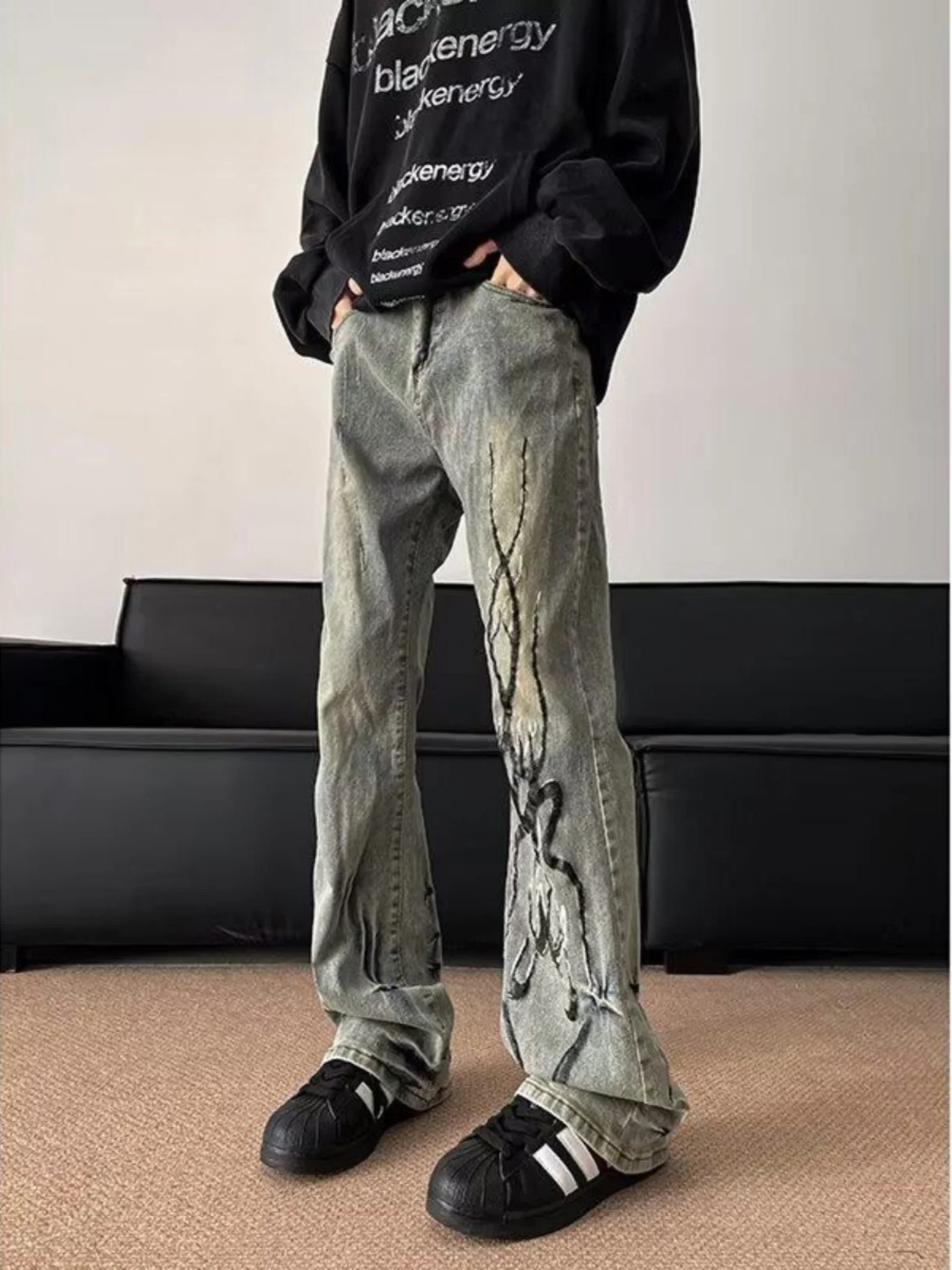 

Мужские джинсы Flame Mud Yellow, прямые, с легким расклешением, винтажные, повседневные, молодежные, в американском стиле