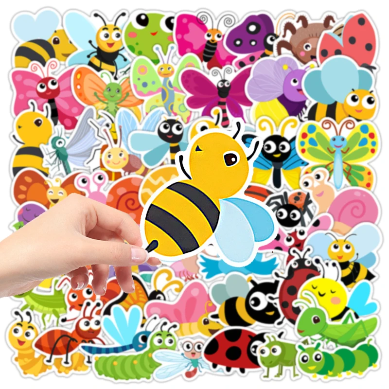 

50Pcs Cartoon Colorful Insect Stickers Kawaii Butterfly Bee Decals Waterproof DIY Decor For Notebook Laptop Skateboard Guitar