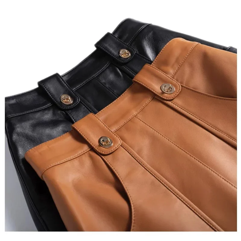 Fashion New Genuine Leather Office Lady for Women Sheepskin Elastic Waist Wrap Long Faldas Mujer Mid Length Front Slit Pocket