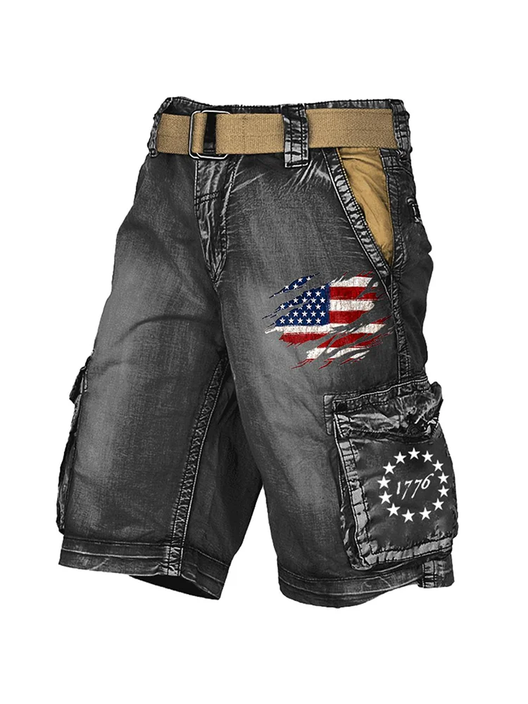 Men\'s Retro American Flag 1776 Print Washed Tooling Capris Shorts Denim Pockets Gothic Punk Men\'s Shorts for Summer Jeans