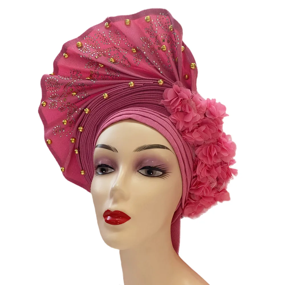 Latest Beautiful Purple Nigerian Gele Headtie Aso Oke Gele Already Made Auto Gele Aso Turban Cap With Beads For Party 1 Set