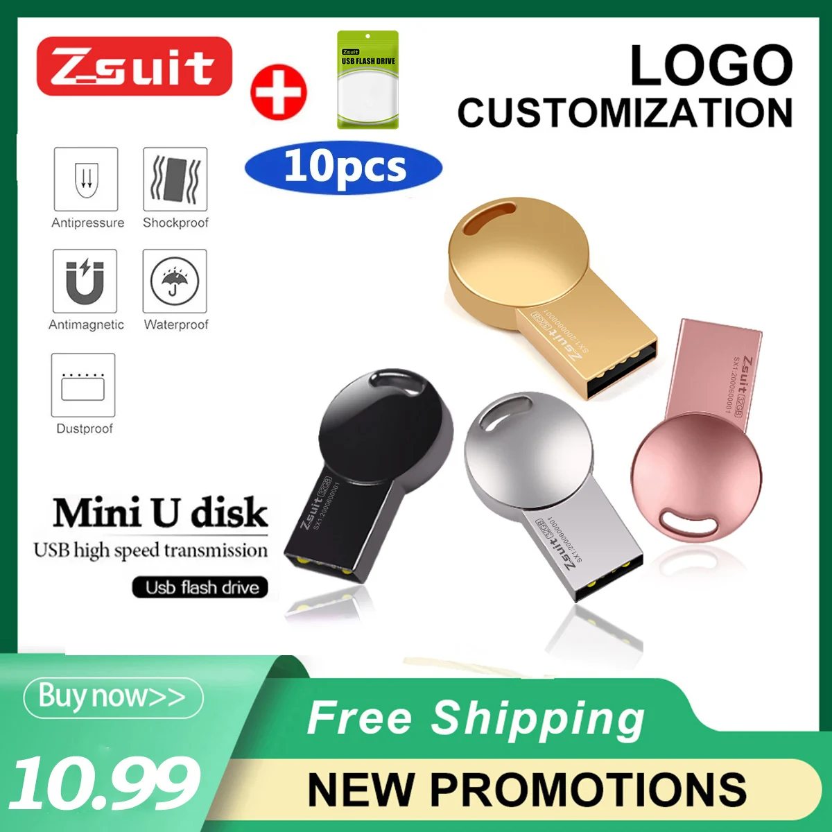 10Pcs/Lot Free Logo USB Flash Drives 4GB Pen Drive 8GB 32GB Waterproof Pendrive 64gb Memory Stick High Speed Wholesale U-disk