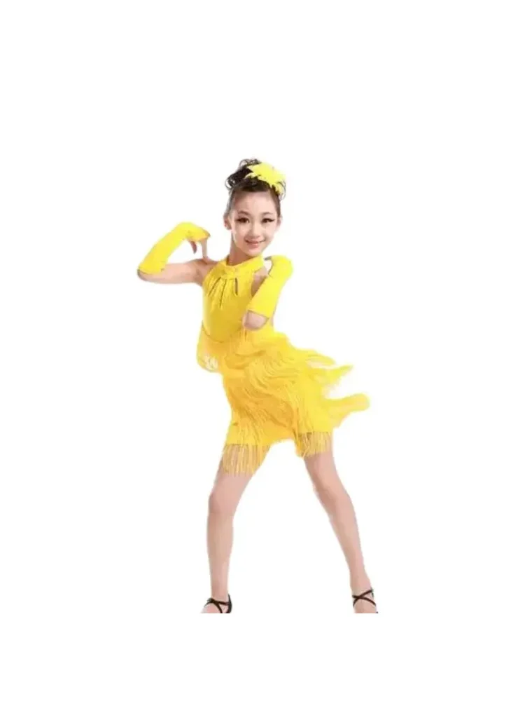 1 pcs/lot child girls tassel dress ballroom Latin salsa dancewear dance costume candy color solid Latin dress uy573