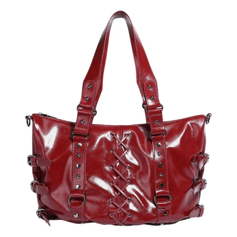 

652F Fashionable Motorcycle Punk Rivets Large Capacity PU Leather Shoulder Bag Bandage Underarm Handbag Purse