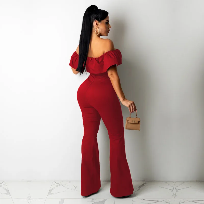 Fashion Ruffled One Shoulder Jumpsuit Women Solid High Waist Elastic Slim Fit Long Pants for Ladies Cocktail Birthday Party