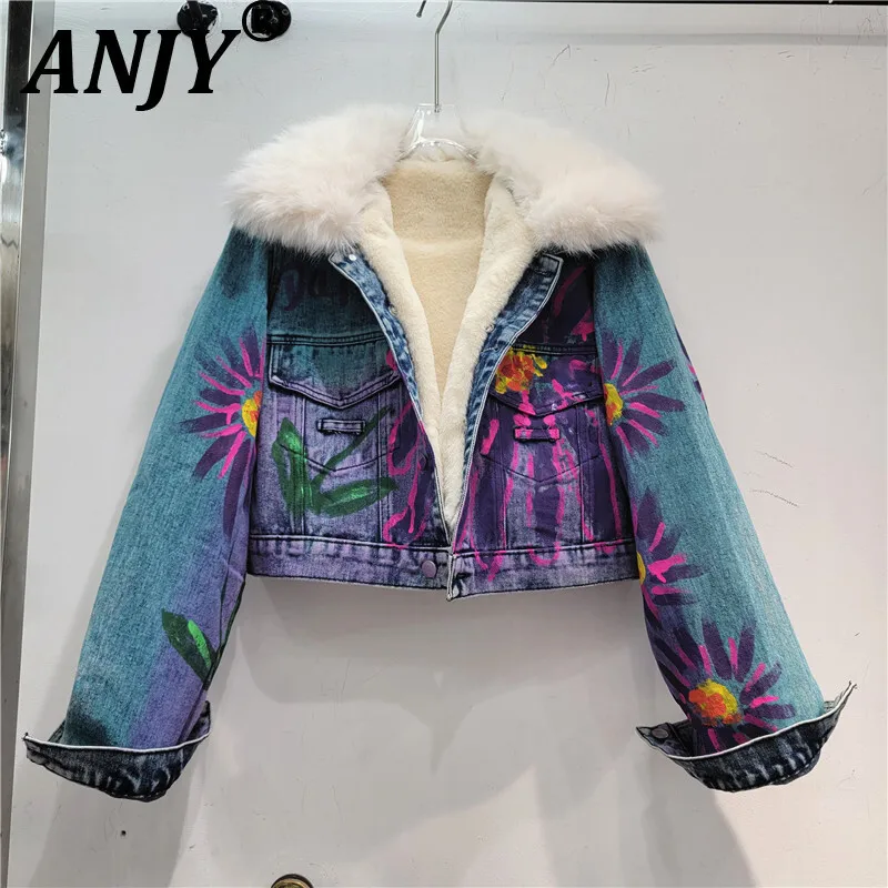 ANJY شتاء جديد إمرأة موضة مبطنة بالصوف الثقيلة الكتابة على الجدران طباعة رسالة قصيرة الدنيم معطف مبطّن المد شيك سترة دافئة A14892