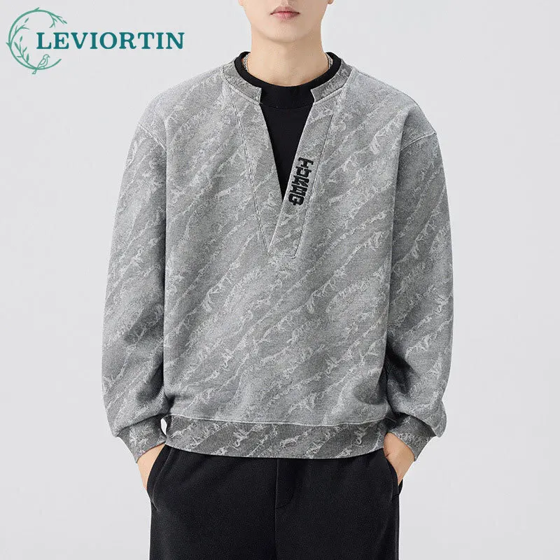 

2025 autumn and winter men's youth popular style collar color blocked design loose hoodie American trend versatile gray top