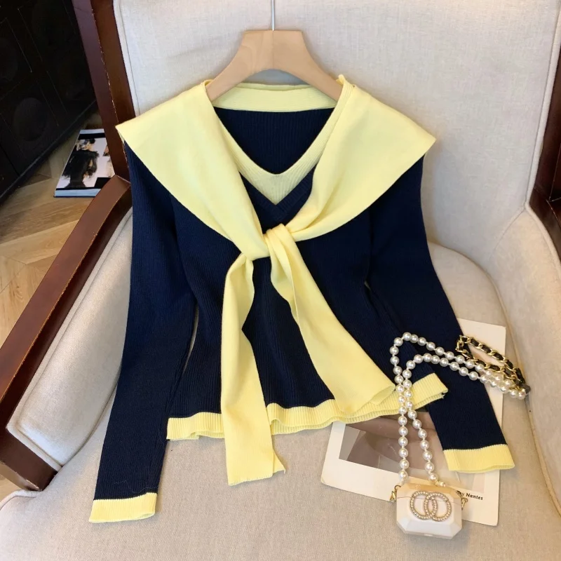 

Women Navy Pullover Sweater with Shawl 90s Vintage 2000s Y2k Long Sleeves V-Neck Soft Cozy Luxury Cashmere Knitwear Autumn 2025