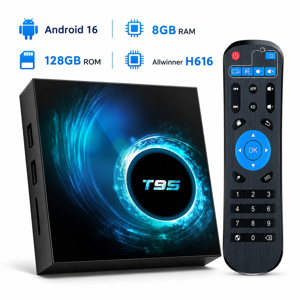 T95 Android 16 TV Box Allwinner H616 8GB RAM 128GB ROM 4K HD Smart Media Player WiFi Set Top Box Remote Control Home Streaming