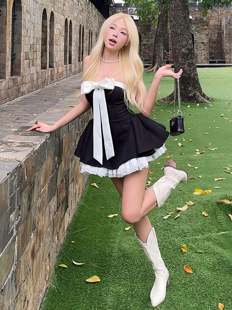 مجموعة تنورة نسائية من Weird Puss Sweet Girl Knot Tube Top ter Dr، ملابس عمل للطلاب