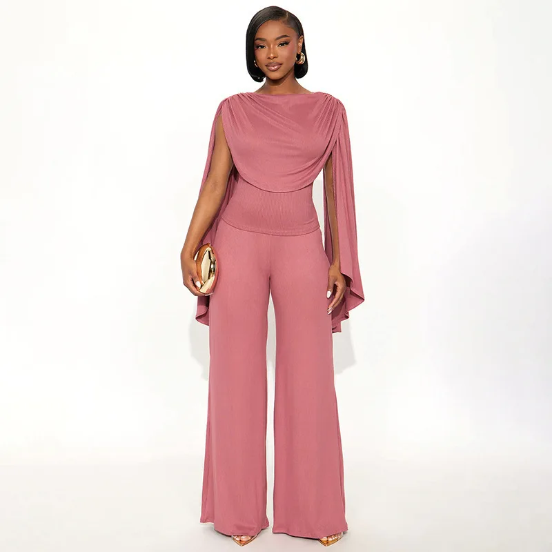 

STYLISH LADY Sexy Draped Cape Sleeve Two Piece Set 2016 Women Cowl Neck Fitted Top High Waist Wide Leg Pants Formal Party Street