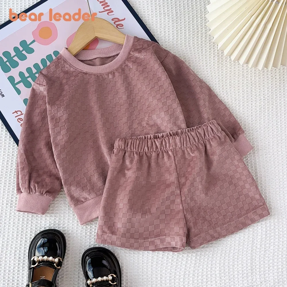 Bear Leader Autumn 3-7 Year Old Girls Clothes Fashion Item Dark Pink Checkerboard Solid Color Top +Pants Children's Casual Suits