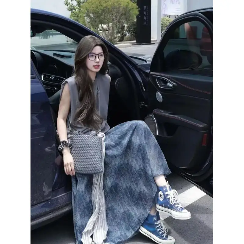 

Women's Suit Fashion 2 Piece Set Sleeveless Top And Skirt Set Cotton Women Commuter Summer French Lazy Style Retro Fashionable