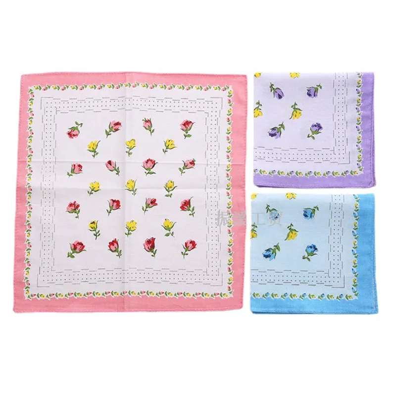 3Pcs 28x28cm 100% Cotton Flower Printed Women Lady Handkerchief Wedding Party Decor Valentine's Day Gift