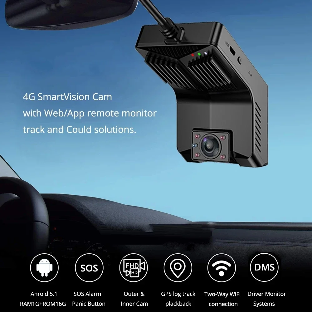 4G truck vehicle fleet management Car Dvr Camera Dash Cam Video Recorder with WiFi GPS Front & Inner Liveview DMS CMSV6 CMSV7