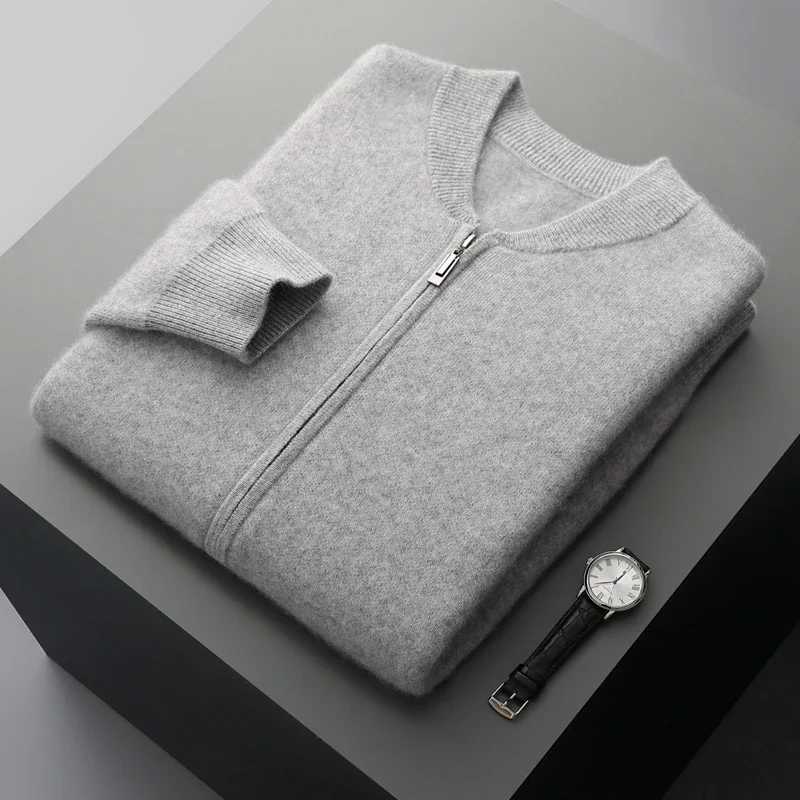 

Мужской кашемировый свитер с воротником-стойкой, кардиган на молнии, осень-зима, плотный трикотаж из 100% мериносовой шерсти, мягкое теплое элегантное повседневное пальто