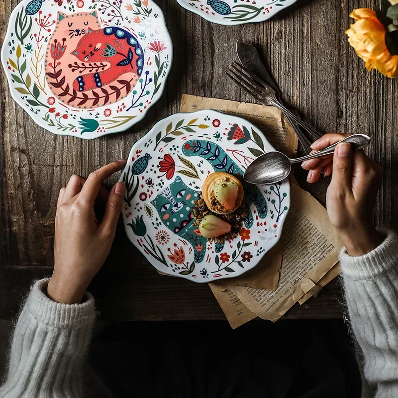 Ceramic Tableware 8 Inch Nordic Creative Cartoon Hand Painted Cat Plate Under Glazed Microwave Dessert Snack Steak Dish